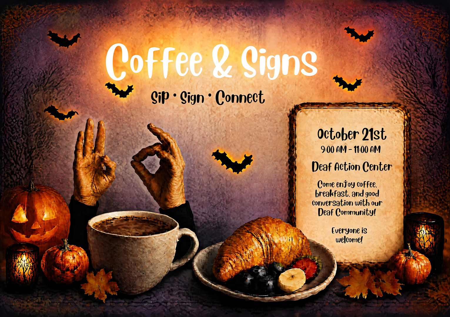 Halloween-themed Coffee & Signs event flyer. Against a warm orange and purple textured background, two hands form ASL signs above a large cup of coffee, surrounded by pumpkins, autumn leaves, bats, lanterns, and a plate with a croissant and fruit. Text reads: “Coffee & Signs — Sip • Sign • Connect.” October 21st, 9:00 AM–11:00 AM at Deaf Action Center. Come enjoy coffee, breakfast, and good conversation with our Deaf Community. Everyone is welcome!